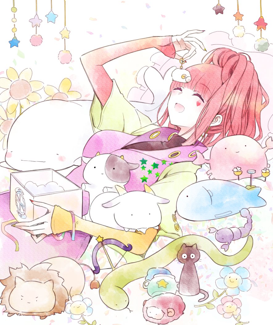 1girl animalization asymmetrical_sleeves blue_flower box bracelet closed_eyes commentary_request cowboy_shot dress facial_mark flower gnosia green_jacket heart heart_facial_mark holding holding_box jacket jewelry long_sleeves looking_at_viewer lying minosaki_konori mismatched_sleeves on_back open_mouth pink_flower pink_hair pink_sleeves ponytail purple_dress scorpion smile solo sq_(gnosia) stuffed_animal stuffed_cow stuffed_lion stuffed_sheep stuffed_snake stuffed_toy stuffed_whale yellow_flower yellow_sleeves