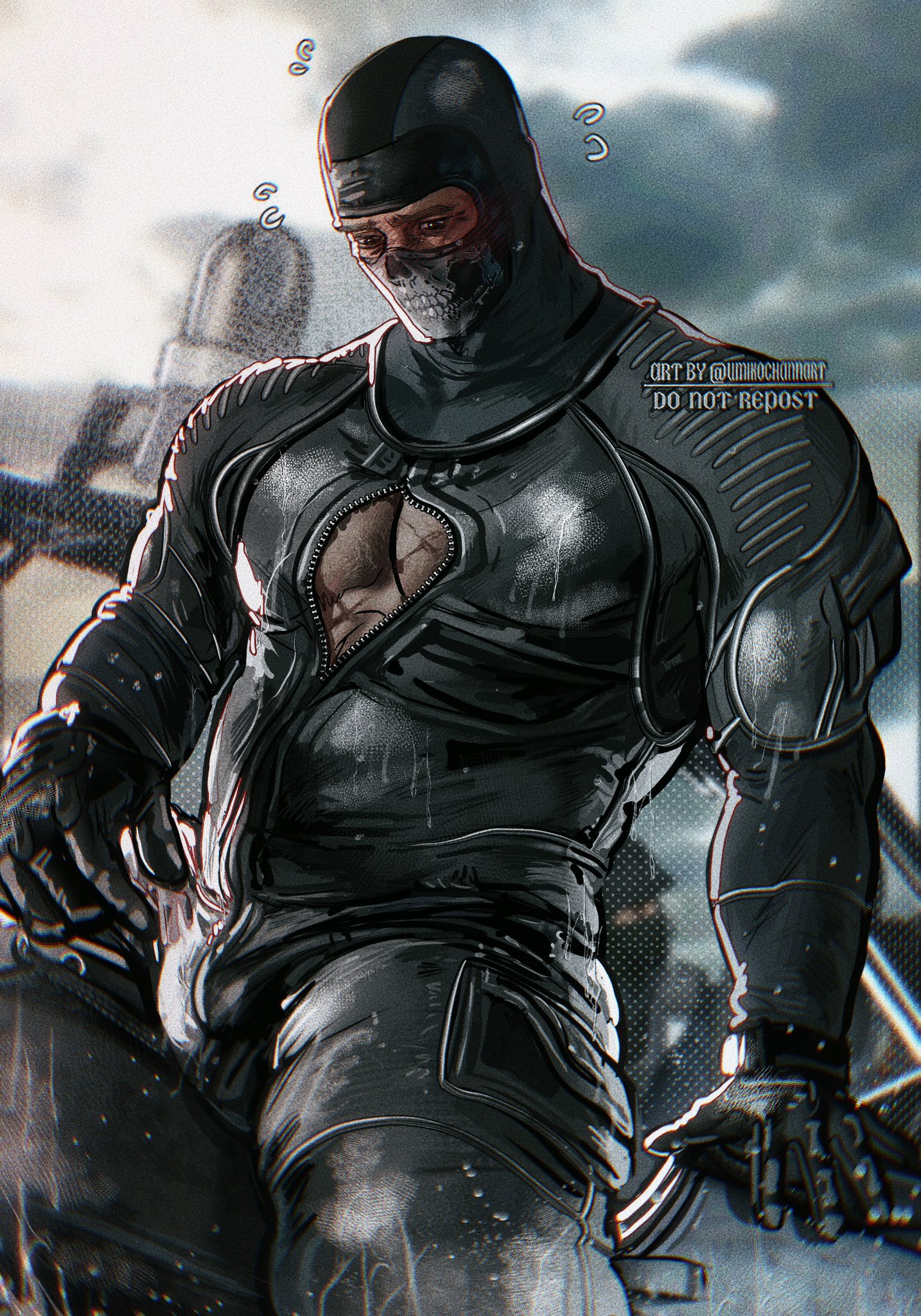 1boy bara black_gloves blush call_of_duty call_of_duty:_modern_warfare_2 cloud day ghost_(modern_warfare_2) gloves highres large_pectorals male_focus mask muscular muscular_male outdoors pectorals sitting skull_mask sky solo twitter_username umikochannart