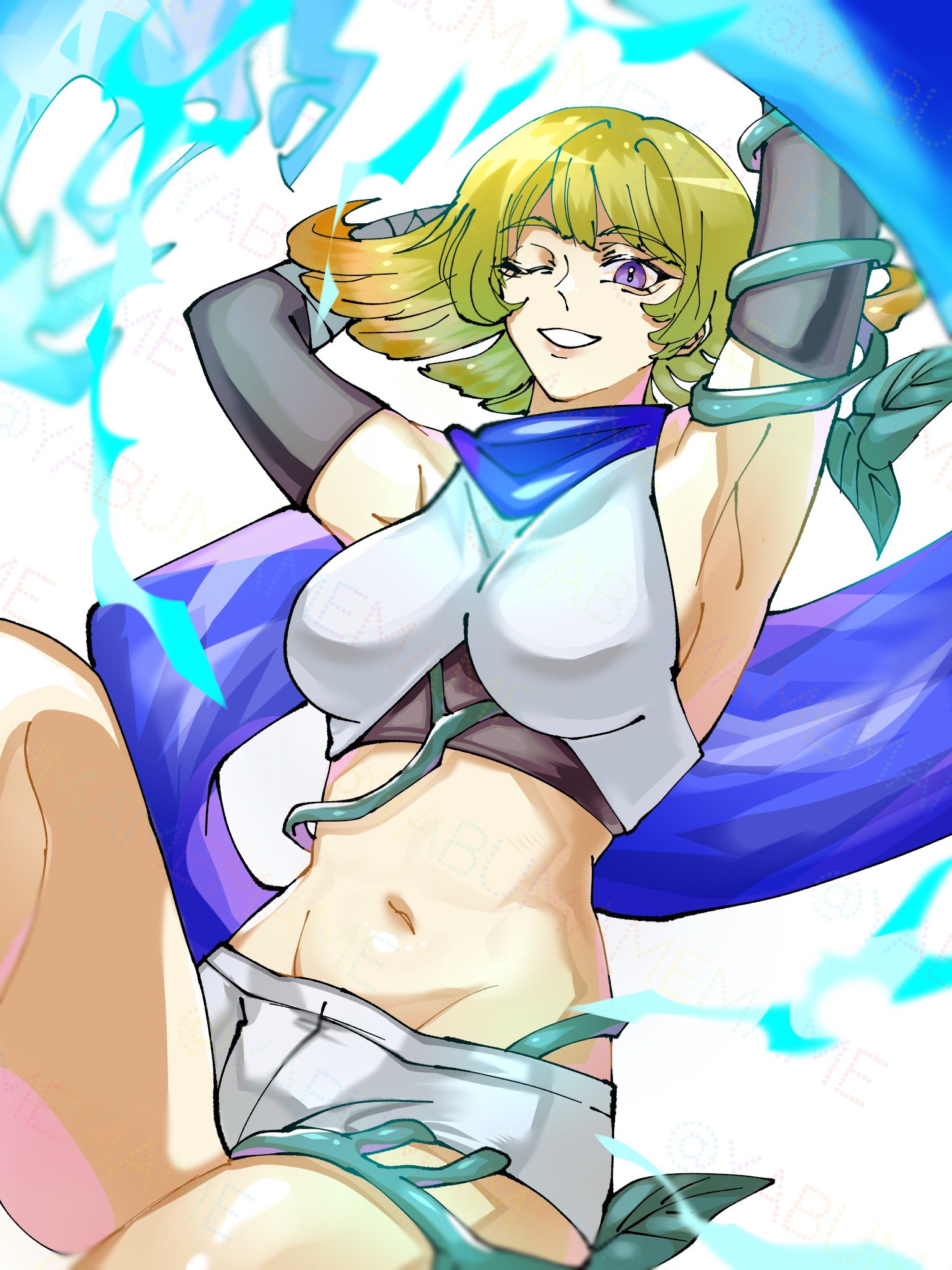 1girl arms_behind_head blonde_hair blue_scarf breasts gradient_hair highres kid_icarus kid_icarus_uprising looking_at_viewer midriff multicolored_hair navel nintendo one_eye_closed orange_hair phosphora plant purple_eyes scarf shorts simple_background solo vines watermark white_background white_shorts yabumamemame