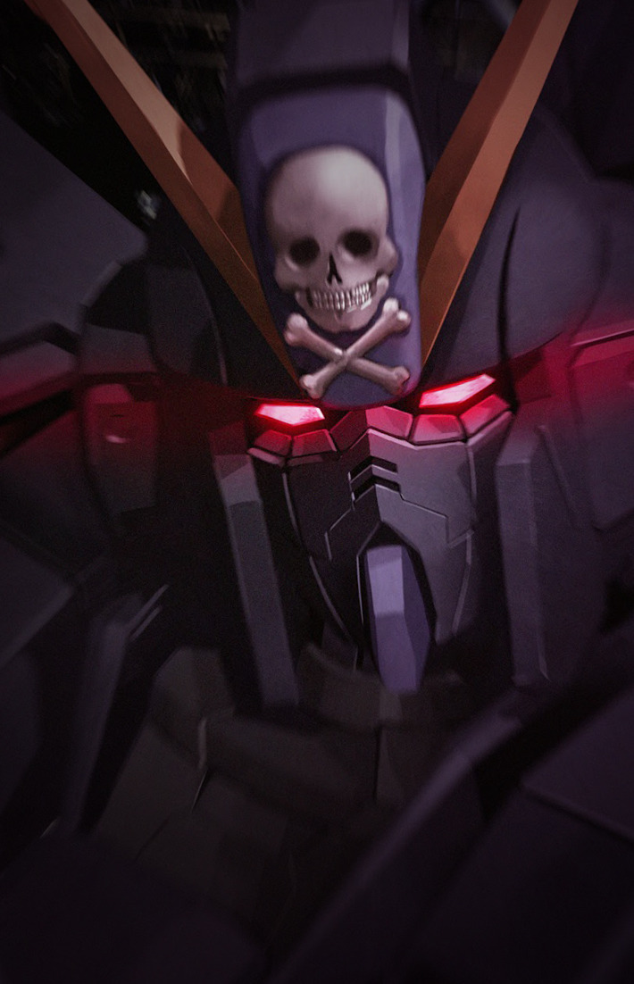 artist_request crossbone_gundam crossbone_gundam_x-2 crossbone_vanguard glowing glowing_eyes gundam jolly_roger machinery mecha mecha_focus mobile_suit motion_blur no_humans portrait realistic red_eyes robot science_fiction upper_body v-fin