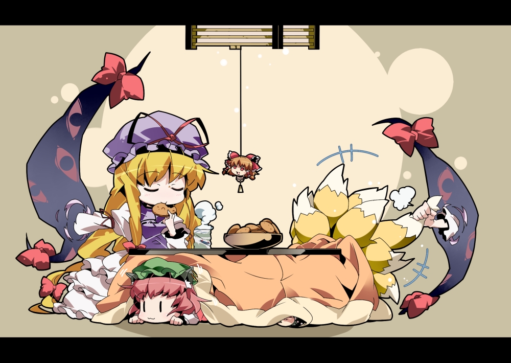 +++ 3girls :3 animal_ears bow cat_ears cat_girl cat_tail chen chibi closed_eyes cup earrings female_focus food fox_tail gap_(touhou) hakurei_reimu hat indoors jewelry kimeemaru kotatsu long_sleeves multiple_girls multiple_tails nyuusankin ribbon shameimaru_aya short_hair table tail touhou under_table yakumo_ran yakumo_yukari yukkuri_shiteitte_ne yunomi |_|