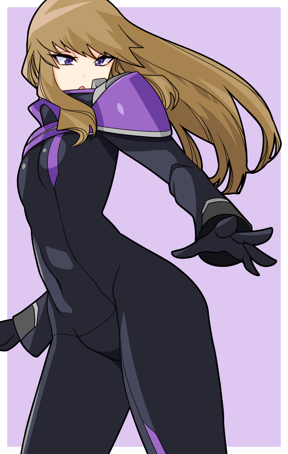 1girl :o black_gloves border breasts brown_hair covered_navel eyebrows_hidden_by_hair gloves highres kugimiya_kei long_hair majestic_prince open_hand open_mouth outside_border pilot_suit purple_background purple_eyes skin_tight small_breasts solo taa_yuu white_border