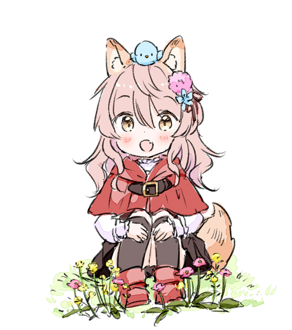 1girl :d animal animal_ear_fluff animal_ears animal_on_head bird black_skirt black_socks blue_flower blush boots brown_eyes capelet chibi commentary_request fang flower full_body hair_between_eyes hair_flower hair_ornament hair_ribbon hood hood_down hooded_capelet kneehighs knees_up long_hair long_sleeves looking_at_viewer on_head open_mouth original pink_flower pink_hair pleated_skirt red_boots red_capelet red_ribbon ribbon shirt sitting skirt sleeves_past_wrists smile socks solo tail wataame27 white_background white_shirt wolf-chan_(wataame27) wolf_ears wolf_girl wolf_tail yellow_flower