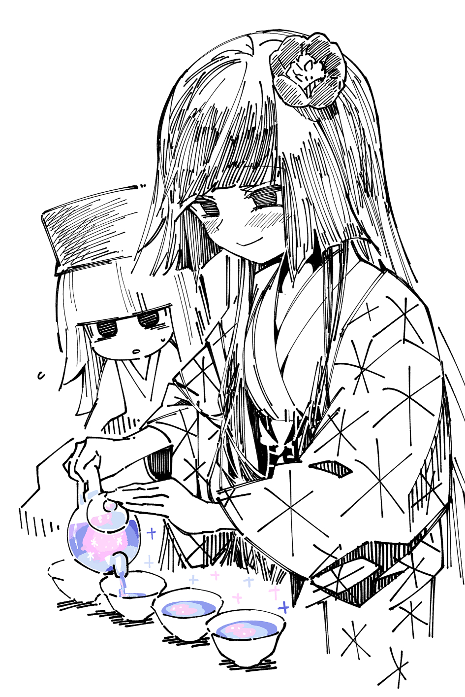 2girls blunt_bangs cup fate/grand_order fate_(series) flower hair_flower hair_ornament hat highres holding holding_teapot japanese_clothes kimono komahime_(fate) long_sleeves looking_ahead monochrome multiple_girls pouring sen_no_rikyu_(fate) simple_background smile sparkle spot_color sweatdrop tea teacup teapot waira white_background