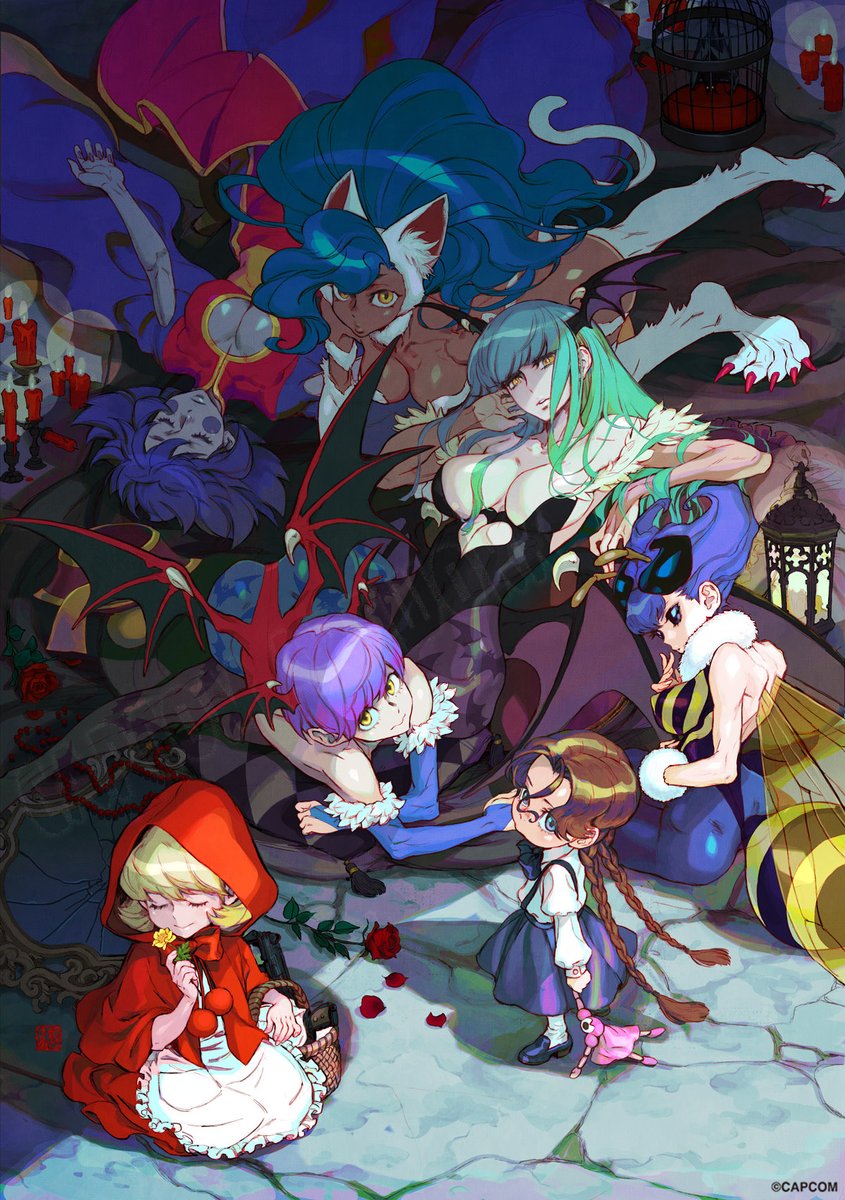 6+girls animal_ears animal_feet animal_print anita_(darkstalkers) arthropod_girl ass_cutout bat_(animal) bat_print bee_costume bee_girl black_leotard black_sclera black_skirt blonde_hair blue_hair blue_leotard body_fur braid breasts bridal_gauntlets brown_hair b.b._hood candle cat_ears cat_girl cat_tail chinese_clothes cleavage cleavage_cutout clothing_cutout colored_sclera cutout_above_navel dark-skinned_female dark_skin demon_girl demon_wings doll felicia_(darkstalkers) flower fur_trim green_hair head_wings heart_cutout highleg highleg_leotard highres holding holding_doll hood hood_up insect_girl jiangshi large_breasts hsien-ko leotard lilith_(darkstalkers) long_hair looking_at_viewer low_wings medium_hair morrigan_aensland multiple_girls nishimura_kinu official_art pantyhose print_pantyhose purple_hair purple_leotard q-bee red_hood red_leotard rose second-party_source short_hair skirt sleeping tail twin_braids darkstalkers watermark white_fur wings