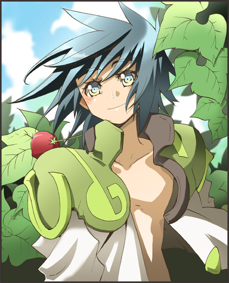 00s 1boy age_(heroic_age) asymmetrical_hair black_border blue_eyes blue_hair blue_sky border closed_mouth cloud collarbone day futami_(futamito) head_tilt heroic_age jacket leaf long_sleeves male_focus matching_hair/eyes open_clothes open_jacket plant shoulder_pads sky smile solo spiked_hair white_jacket