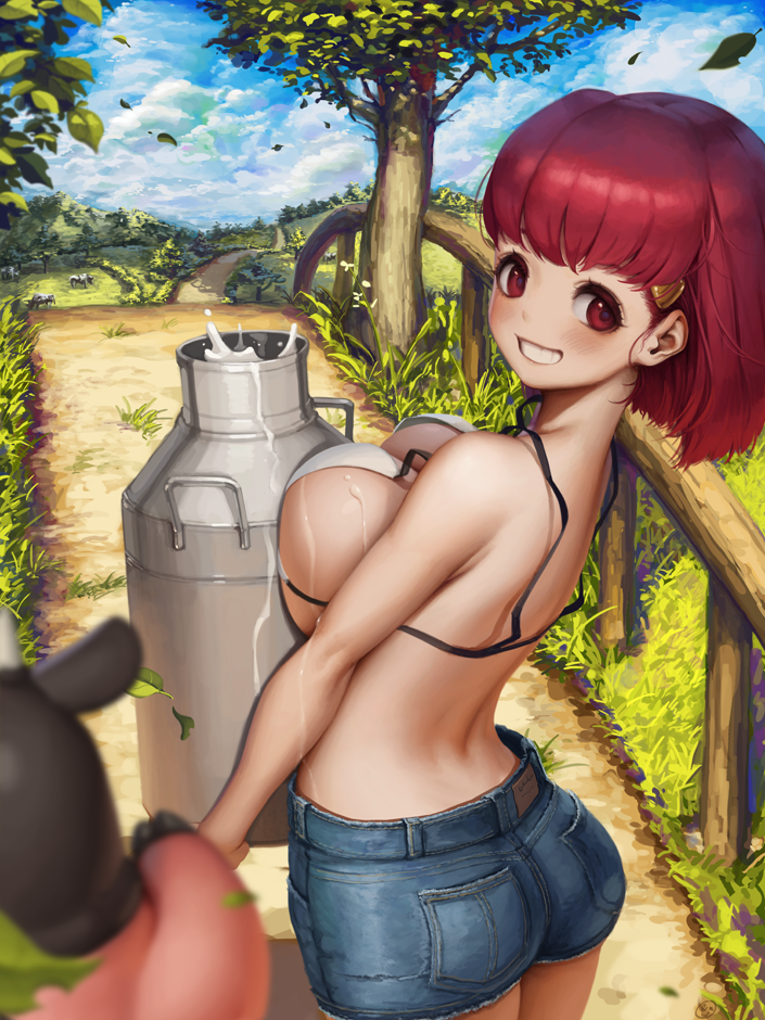 1girl alternate_costume arched_back ass bike_shorts bikini bikini_top_only cloud day falling_leaves fence gen_2_pokemon grass gym_leader hair_ornament hairclip leaf letdie1414 looking_at_viewer looking_back milk miltank nintendo outdoors pink_hair pokemon pokemon_(creature) pokemon_hgss red_eyes short_shorts shorts sky smile swimsuit teeth tree whitney_(pokemon)