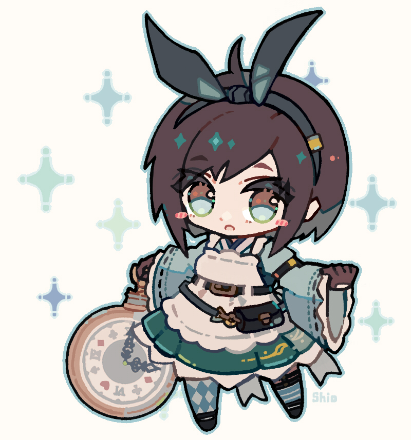 1girl apron argyle_clothes argyle_pantyhose asymmetrical_legwear black_gloves black_hairband black_shoes blue_dress blush_stickers breasts brown_hair chibi dress final_fantasy final_fantasy_vii final_fantasy_vii_ever_crisis frilled_apron frills gloves hairband hiyunagi holding holding_pocket_watch looking_at_viewer medium_breasts official_alternate_costume pantyhose parted_lips pocket_watch rabbit_bow shoes short_hair solo sparkle striped_clothes striped_pantyhose watch white_apron wide_sleeves yuffie_kisaragi yuffie_kisaragi_(bunny_apron)