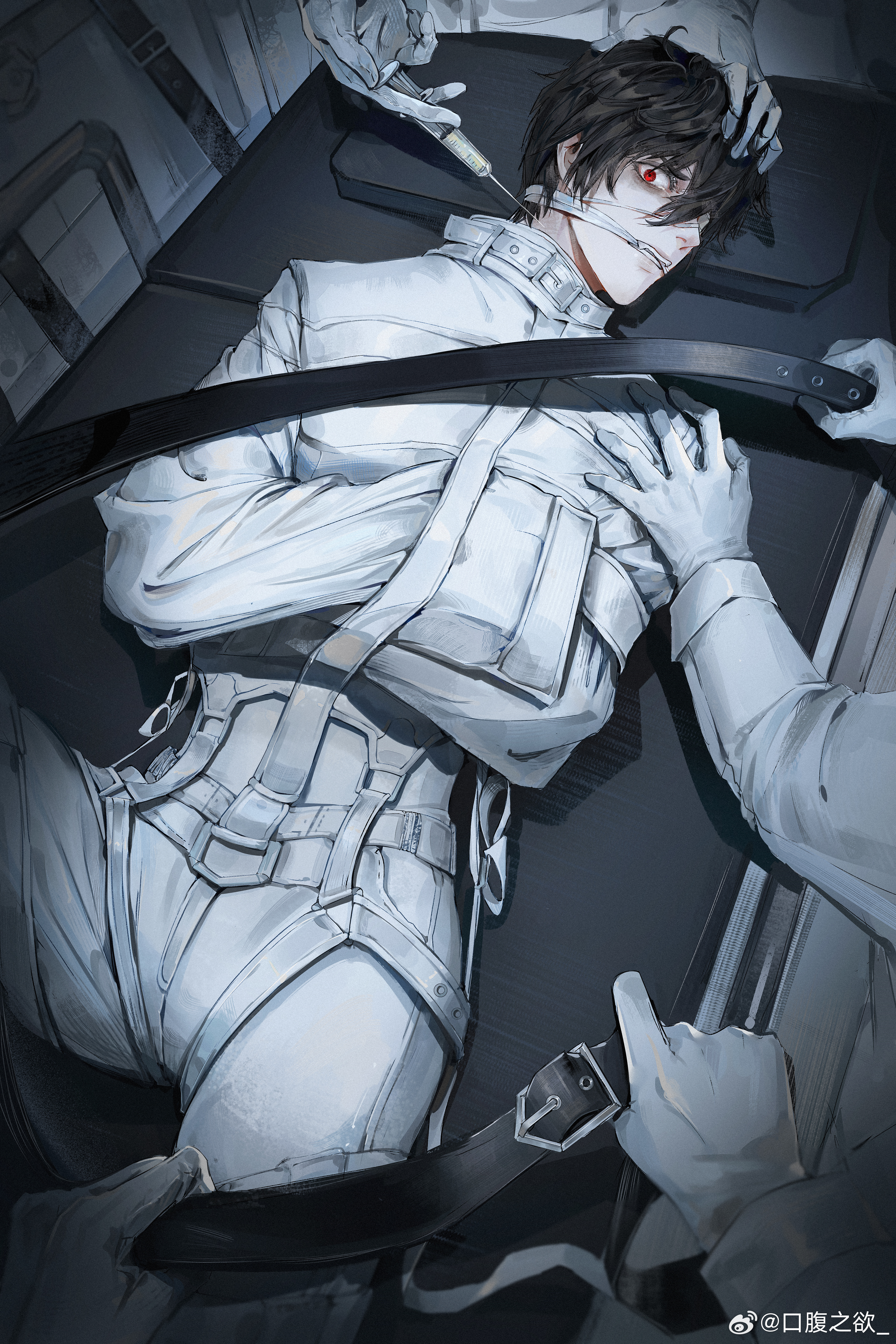 1boy 3others absurdres alternate_universe armbinder bags_under_eyes bdsm bed belt belt_buckle black_belt black_hair bondage bound bound_arms bound_wrists buckle chest_harness chinese_commentary clenched_teeth dao_gui_yi_xian eyepatch fangs gag gagged gloves hair_between_eyes hand_on_another's_head hand_on_another's_shoulder harness highres holding holding_belt holding_syringe hospital hospital_bed improvised_gag jacket kou_fu_zhi_yu legbinder li_huowang li_huowang_(modern_world) long_sleeves looking_at_viewer lying male_focus medical_eyepatch multiple_others official_alternate_costume official_alternate_hair_length official_alternate_hairstyle on_back on_bed one_eye_covered out_of_frame pants red_eyes restrained shirt short_hair solo_focus straitjacket strap syringe tears teeth watermark weibo_watermark white_belt white_gloves white_jacket white_pants white_shirt