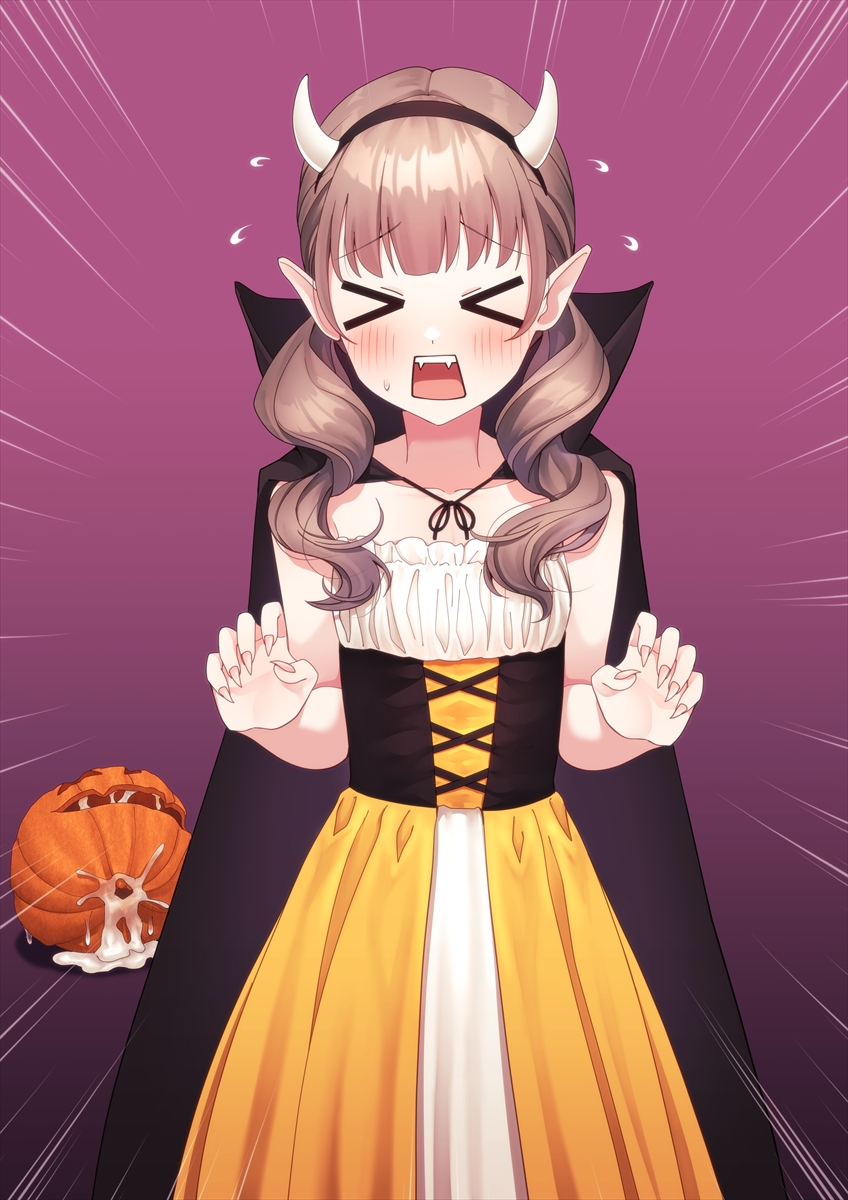 &gt;_&lt; 1boy :o after_masturbation black_cloak blush brown_hair cloak collarbone crossdressing cum cum_on_object curly_hair dress emphasis_lines fake_horns fang fingernails gradient_background halloween_costume highres hokuro_ryuuseigun horns jack-o&#039;-lantern junior_(hokuro_ryuuseigun) long_hair open_mouth original pumpkin purple_background sharp_fingernails solo speech_bubble strapless strapless_dress sweatdrop textless_version trap twintails