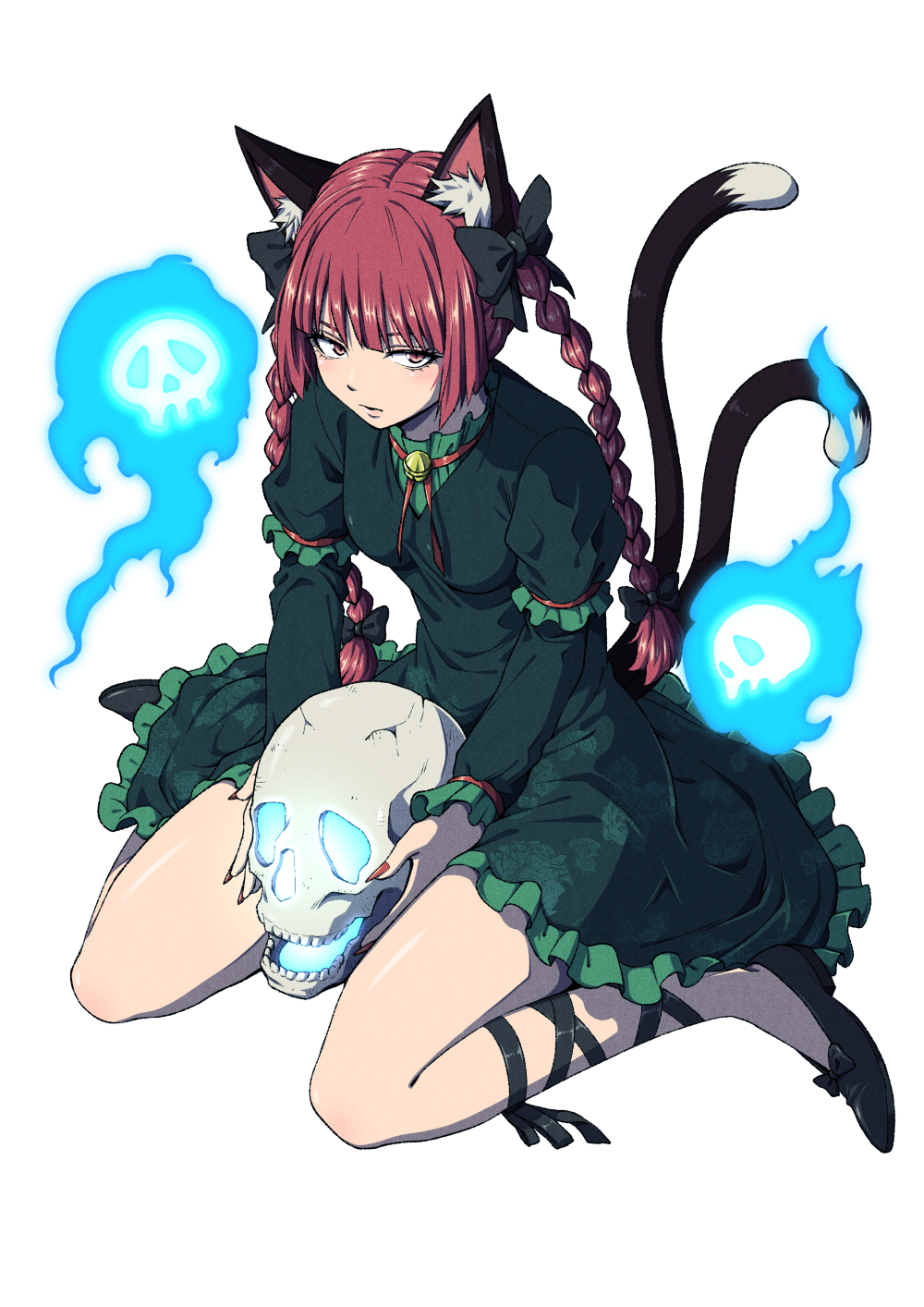 1girl animal_ear_fluff animal_ears black_bow black_shoes blunt_bangs blush bow braid cat_ears cat_tail commentary_request dress fire flaming_skull floating_skull frilled_dress frilled_sleeves frills full_body green_dress hair_bow highres inuno_rakugaki kaenbyou_rin long_hair long_sleeves looking_at_viewer multiple_tails neck_ribbon parted_lips red_eyes red_hair red_ribbon ribbon shoes simple_background skull solo tail touhou twin_braids two_tails white_background