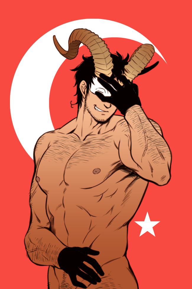 1boy arm_hair axis_powers_hetalia beard beard_stubble black_gloves black_hair chest_hair eye_mask facial_hair flag_background gloves goat_horns hand_over_eye hand_over_face horns male_focus mask muscular nipples nude rebasashi short_hair smirk solo stubble turkey_(hetalia) turkish_flag veins veiny_arms