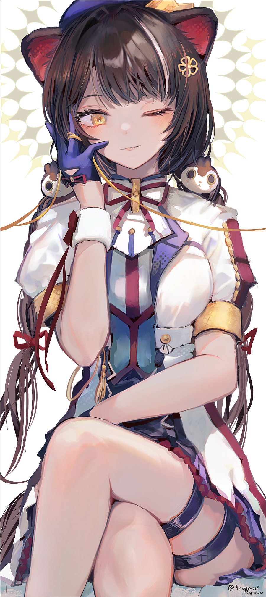 1girl animal_ears animal_hair_ornament blue_gloves blue_hat blue_skirt blush braid breasts brown_hair colored_lapels crossed_legs dog_ears eyelashes feet_out_of_frame flower glove_ribbon gloves hair_flower hair_ornament hair_ribbon half_gloves halo halo_behind_head hand_up hashtag-only_commentary hat highres idol_clothes inaeda_kei inui_toko jacket lips long_hair looking_at_viewer low_twin_braids medium_breasts miniskirt multicolored_hair neck_ribbon nijisanji one_eye_closed red_ribbon ribbon sanbaka_anniversary_outfit short_sleeves single_wrist_cuff sitting skirt smile solo straight-on streaked_hair string_around_finger thigh_strap twin_braids twitter_username two-tone_hair very_long_hair virtual_youtuber white_background white_hair white_jacket white_wrist_cuffs wrist_cuffs wrist_ribbon yellow_eyes