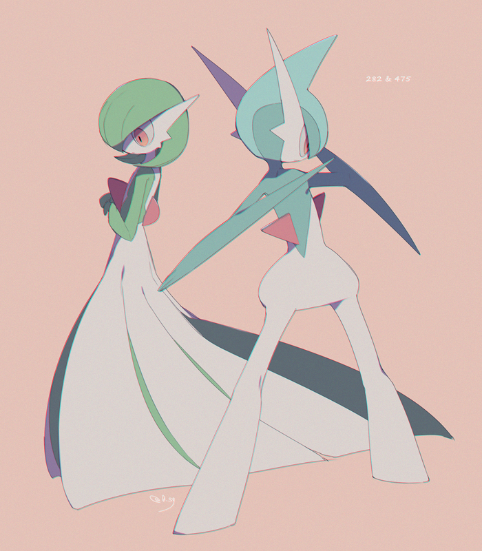arm_blade artist_name bob_cut colored_skin dress from_side gallade gardevoir gen_3_pokemon gen_4_pokemon green_hair multicolored_skin nintendo pink_eyes pokemon pokemon_(creature) sg_(suuchan) simple_background two-tone_skin weapon white_dress white_skin