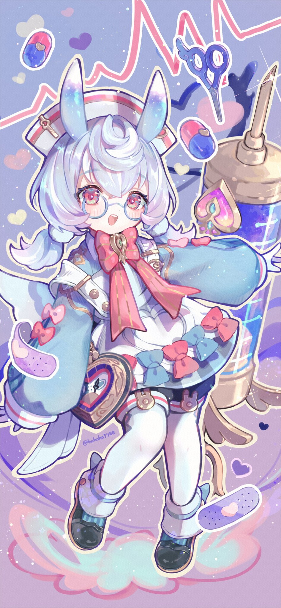1girl :o animal_ears apron aqua_shirt bandaid bespectacled black_boots black_shorts blue-framed_eyewear blue_bow boots bow bowtie brooch genshin_impact glasses gloves gradient_background hair_ornament hat heart highres jewelry large_syringe light_blush long_sleeves looking_at_viewer multicolored_background nurse_cap open_mouth outline oversized_object pantyhose pill pink_bow pom_pom_(clothes) pom_pom_hair_ornament poponnu puffy_long_sleeves puffy_sleeves rabbit_symbol red_bow red_bowtie red_eyes round_eyewear safety_scissors semi-rimless_eyewear shirt shorts side_ponytail sigewinne_(genshin_impact) sleeves_past_wrists solo sparkle syringe teeth twitter_username upper_teeth_only white_apron white_gloves white_hair white_outline white_pantyhose