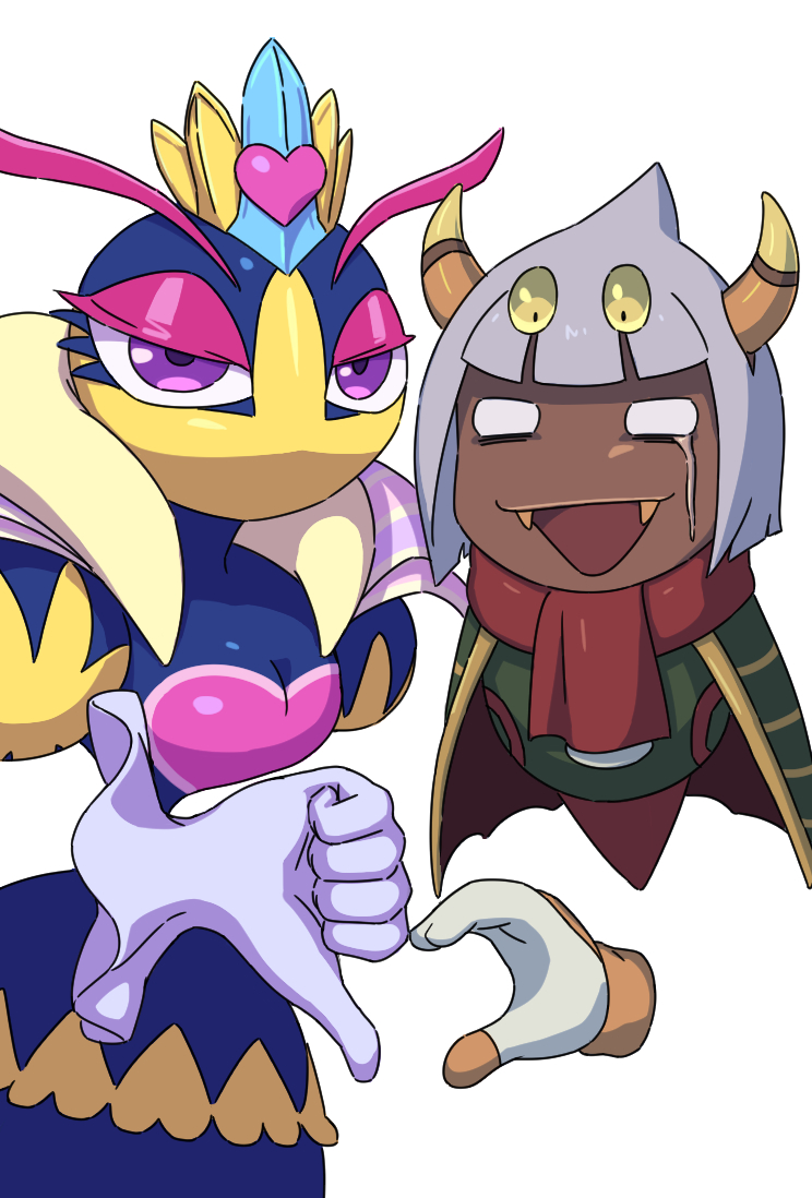 1boy 1girl antennae cape caramelpopcoms2 eyeshadow fangs gloves green_cape grey_hair heart_hands_failure kirby:_triple_deluxe kirby_(series) looking_at_viewer makeup nintendo open_mouth pink_eyeshadow purple_eyes queen_sectonia rayman_limbs red_scarf scarf simple_background taranza tears thumbs_down white_background white_eyes white_gloves