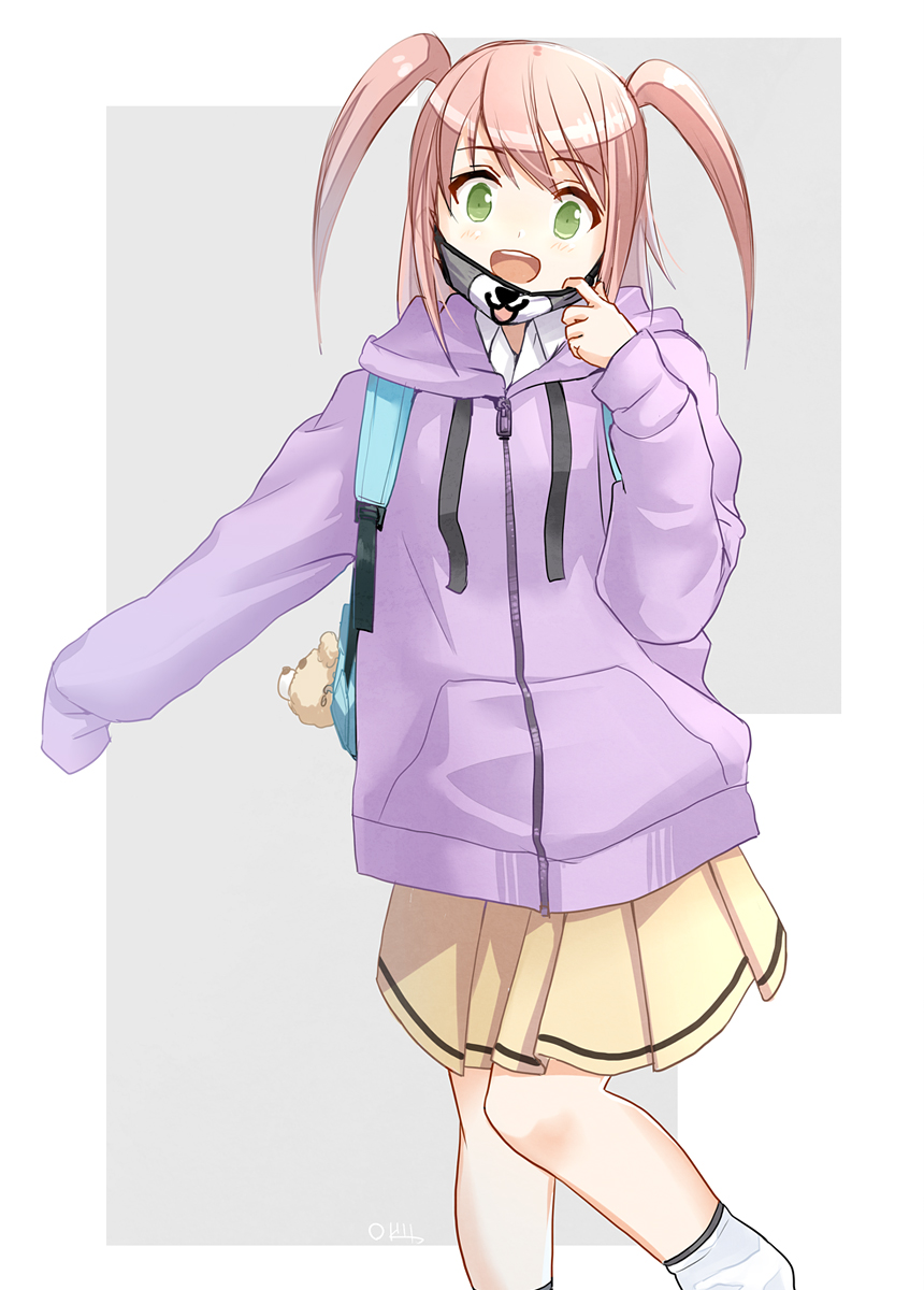 1girl :d animal_print backpack bag bag_charm bear_charm bear_print blush border charm_(object) collared_shirt commentary drawstring green_eyes grey_background hand_up happy highres hood hood_down hoodie long_hair long_sleeves looking_at_viewer loose_socks mask mask_pull mouth_mask nemoto_hina okiru open_mouth pink_hair pleated_skirt pulling_own_clothes purple_hoodie school_bag school_uniform shirt signature simple_background skirt sleeves_past_fingers sleeves_past_wrists smile socks solo standing surgical_mask teeth two_side_up upper_teeth_only watashi_ga_motenai_no_wa_dou_kangaetemo_omaera_ga_warui! white_border white_shirt white_socks yellow_skirt zipper_pull_tab