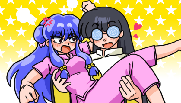 1girl black_hair blush breasts glasses heart mousse_(ranma_1/2) open_mouth ranma_1/2 shampoo_(ranma_1/2) solo star_(symbol) star_symbol_background wanta_(futoshi) yellow_background