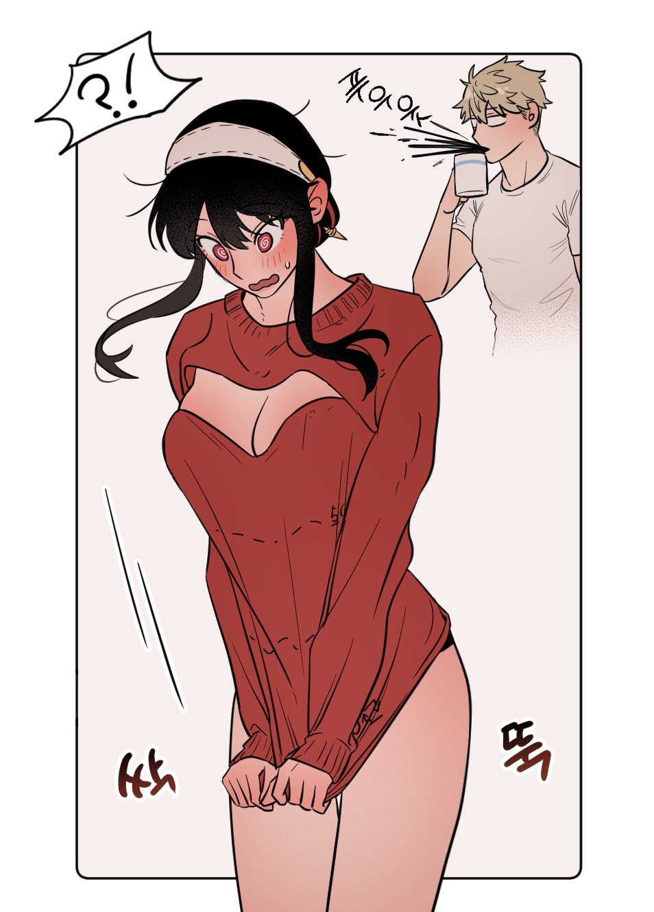 1boy 1girl bare_shoulders black_hair blonde_hair blush breasts cleavage collarbone cut-here_line cutting_clothes dotted_line dress earrings gold_earrings hairband highres husband_and_wife jewelry large_breasts like_and_retweet long_hair long_sidelocks long_sleeves off-shoulder_sweater off_shoulder red_eyes red_sweater scissors shirt short_hair sidelocks siro666b solo spy_x_family sweater sweater_dress text_print twilight_(spy_x_family) twitter_cutting_game twitter_strip_game two-sided_dress two-sided_fabric white_hairband yor_briar