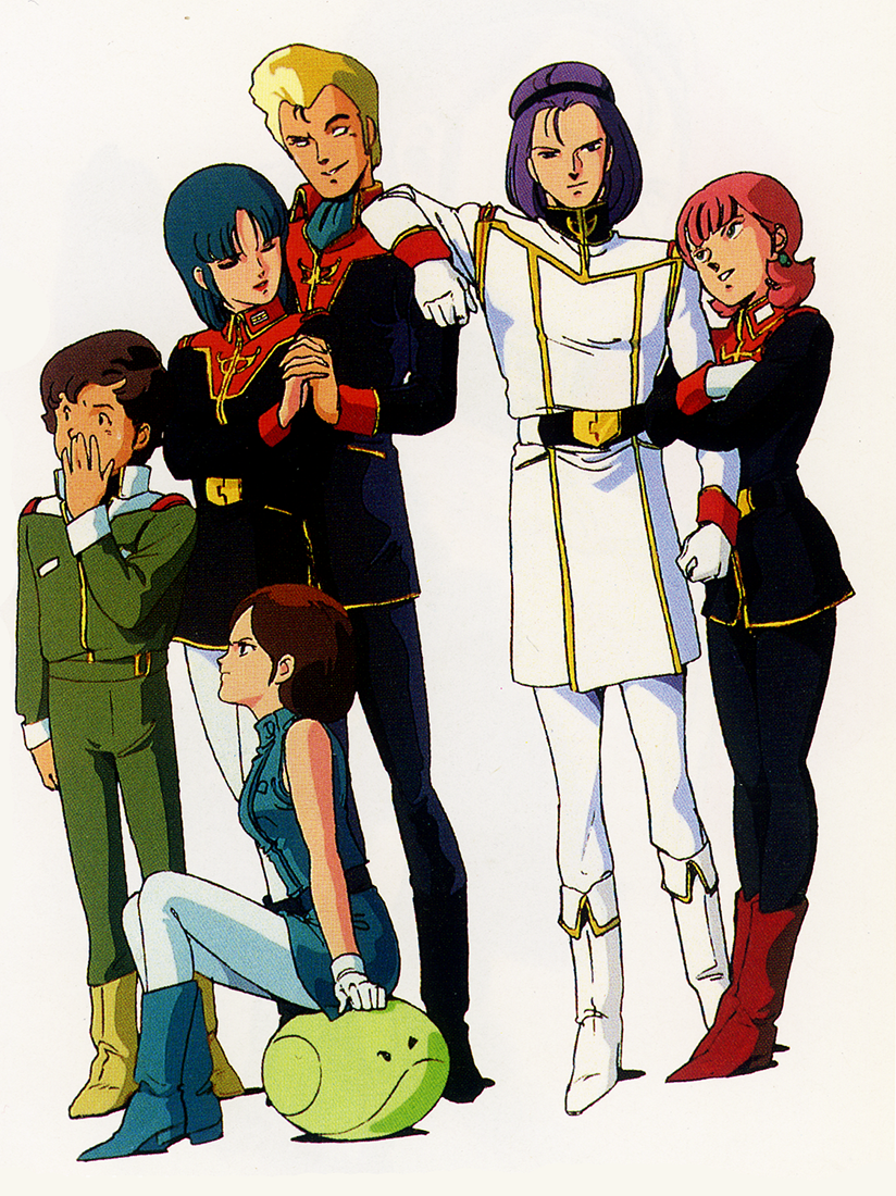 1980s_(style) 3boys 3girls aqua_hair bare_shoulders belt blonde_hair boots brown_hair emma_sheen gloves green_hair gundam haro hug jerid_messa katz_howan key_visual kitazume_hiroyuki military military_uniform mouar_pharaoh multiple_boys multiple_girls official_art oldschool pantyhose paptimus_scirocco pink_hair pompadour promotional_art purple_hair retro_artstyle robot sarah_zabiarov scan science_fiction sitting titans_(gundam) vest zeta_gundam