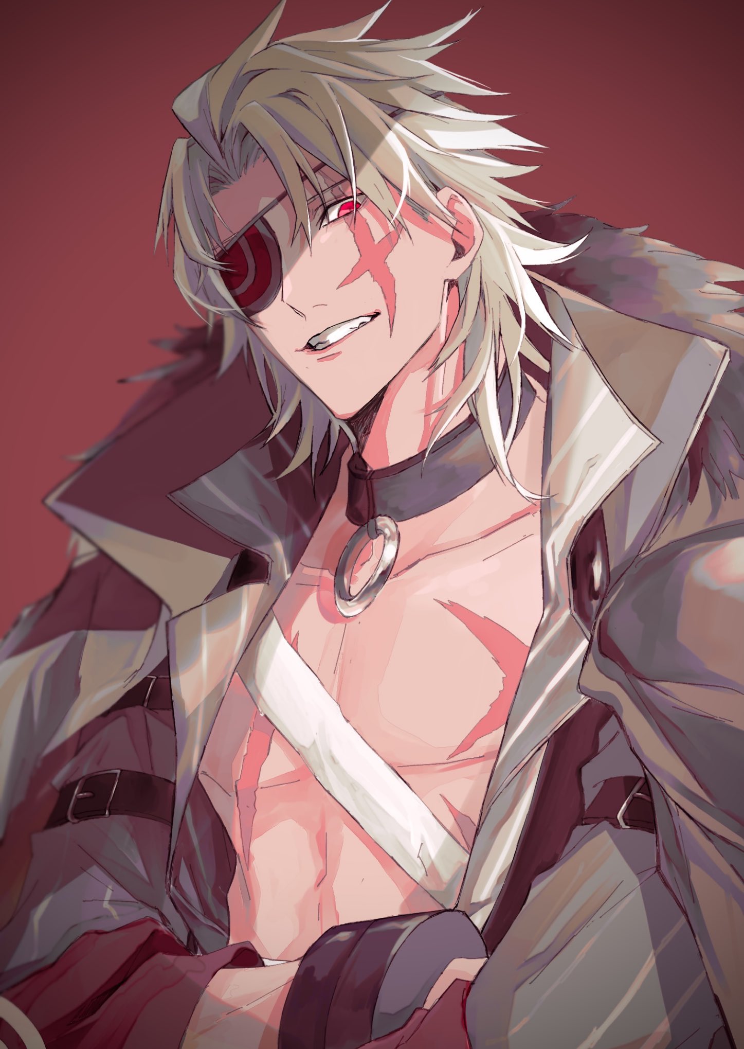 1boy alchemy_stars arm_strap au_ko bandages bicep_strap coat coat_on_shoulders crossed_arms cuffs eyepatch facial_scar fur-trimmed_coat fur_trim head_tilt highres looking_at_viewer male_focus multiple_scars o-ring_collar open_clothes open_shirt popped_collar red_eyes scar scar_across_eye scar_on_cheek scar_on_chest scar_on_face simple_background solo taki_(alchemy_stars) teeth toned toned_male white_hair