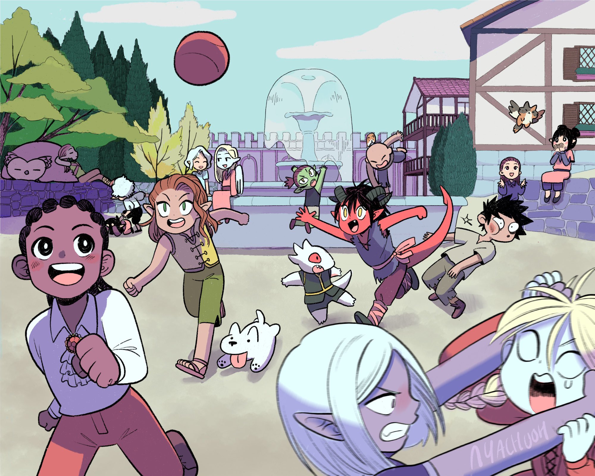 6+boys 6+girls aged_down artist_name ascot astarion baldur's_gate baldur's_gate_3 ball black_eyes black_hair blue_sky boo_(baldur's_gate) brown_hair building child clenched_teeth cloud collared_shirt colored_skin commentary dame_aylin dark-skinned_male dark_skin day demon_horns demon_tail dog dungeons_&_dragons dungeons_&_dragons elf english_commentary enver_gortash everyone fang fighting fountain gale_(baldur's_gate) green_eyes group_picture halsin highres horns isobel_(baldur's_gate) jumping kagha karlach lae'zel medium_hair minsc minthara multiple_boys multiple_girls nyachooh open_mouth orin_the_red outdoors owlbear pants pointy_ears purple_skin red_pants red_skin running sandals shadowheart_(baldur's_gate) shirt short_hair signature sitting sky smile tail tail_slapping tara_(baldur's_gate) tav_(baldur's_gate) teeth the_dark_urge_(baldur's_gate) tiefling tree white_shirt wyll_(baldur's_gate) yellow_eyes
