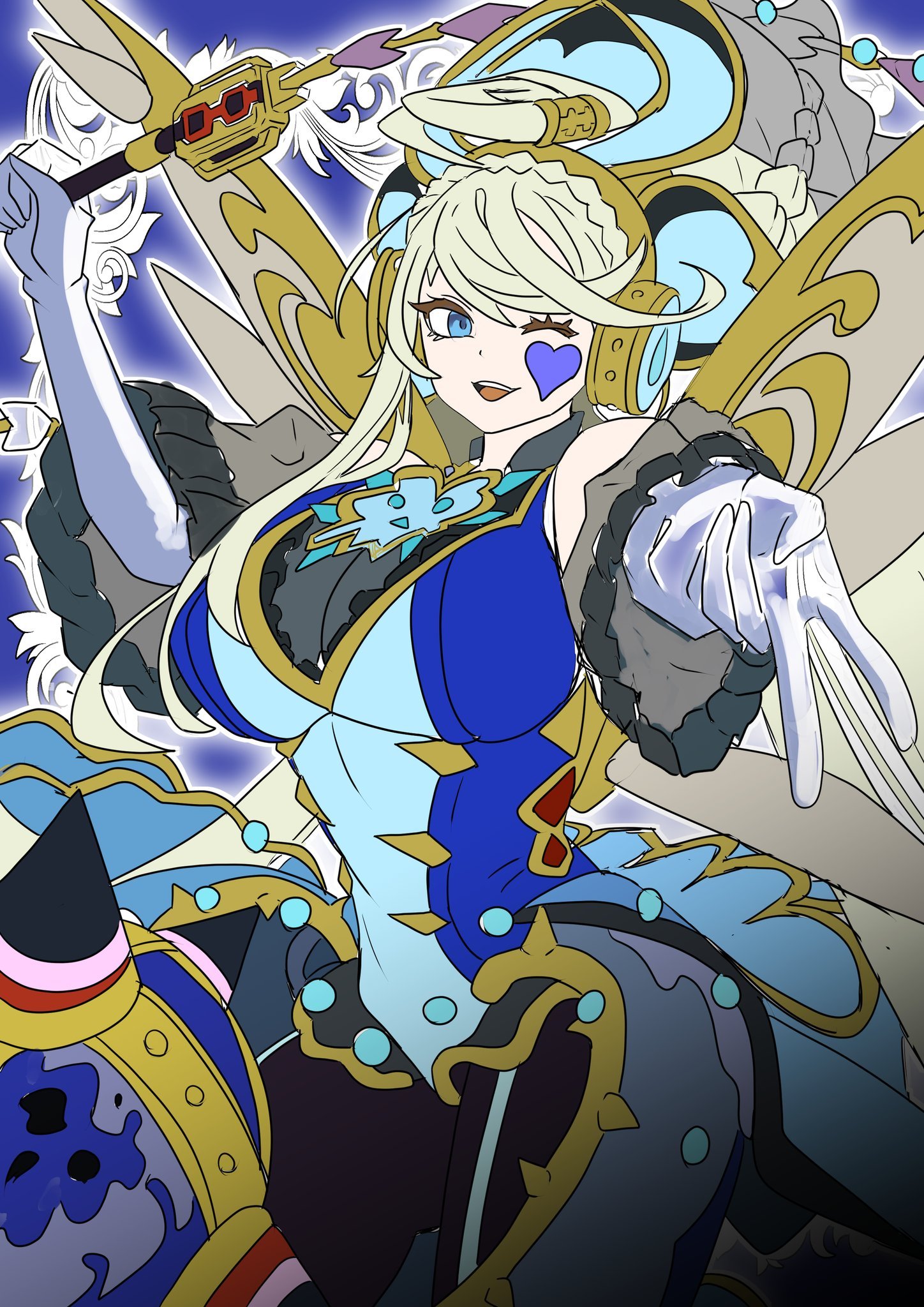 1girl bare_shoulders blonde_hair blue_eyes braid breasts duel_monster elbow_gloves facial_mark fairy_wings gloves headset heart heart_facial_mark highres holding holding_whip large_breasts long_hair looking_at_viewer one_eye_closed sidelocks smile solo swept_bangs teeth trickstar_noble_angel unfinished upper_teeth_only v white_gloves wings xzon_(chai_z) yu-gi-oh! yu-gi-oh!_master_duel