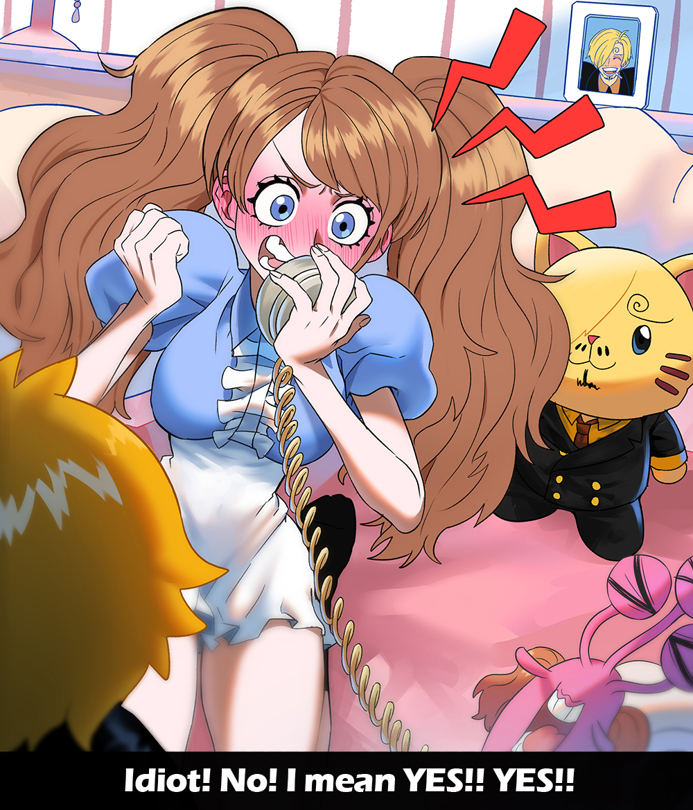 1girl animalization bed blush breasts brown_hair character_doll charlotte_pudding cleavage clenched_hand commentary den_den_mushi doll dress english_commentary frilled_dress frills full-face_blush holding holding_phone indoors large_breasts long_hair on_bed one_piece open_mouth phone picture_frame pillow puffy_short_sleeves puffy_sleeves rita_ya sanji_(one_piece) short_dress short_sleeves sitting stuffed_animal stuffed_cat stuffed_toy talking_on_phone tsundere twintails two-tone_dress v-shaped_eyebrows