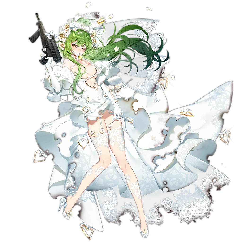 1girl arm_up bahao_diqiu blush bouquet breasts bridal_veil brooch calico_m950 calico_m950a cheek_pistol crown double-stack_magazine dress elbow_gloves floral_print flower flower_request full_body garter_straps girls&#039;_frontline glass_slipper gloves green_hair gun hair_flower hair_ornament halterneck handgun heart-shaped_ornament helical_magazine high-capacity_magazine high_heels holding holding_bouquet holding_gun holding_weapon jewelry long_hair looking_at_viewer m950a_(girls&#039;_frontline) m950a_(the_warbler_and_the_rose)_(girls&#039;_frontline) medium_breasts mouth_hold official_alternate_costume official_art one_eye_closed panties petals pistol ring scorch_mark shoe_dangle simple_background solo submachine_gun torn_clothes torn_dress transparent_background underwear unworn_headwear veil weapon wedding_dress wedding_ring white_gloves white_panties yellow_brooch yellow_eyes