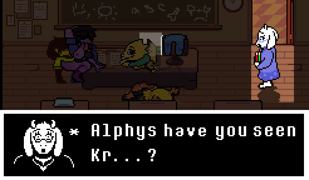 1boy 4girls aftersex alphys animated animated_gif classroom colored_skin deltarune desk english_text glowing glowing_eyes indoors interspecies kris_(deltarune) multiple_girls noelle_holiday pixel_art purple_skin sex sex_from_behind standing standing_sex susie_(deltarune) toriel