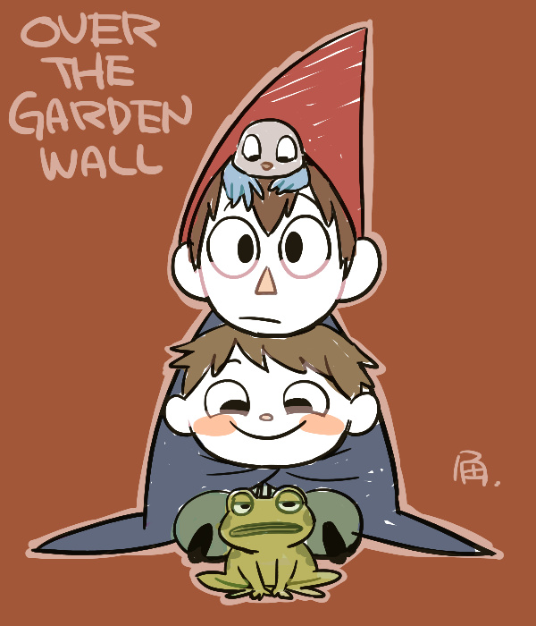 1girl 2boys beatrice_(over_the_garden_wall) bird brothers copyright_name frog frog_(over_the_garden_wall) gregory_(over_the_garden_wall) half-siblings hat multiple_boys over_the_garden_wall red_background siblings simple_background sitting tsunoji wirt_(over_the_garden_wall)