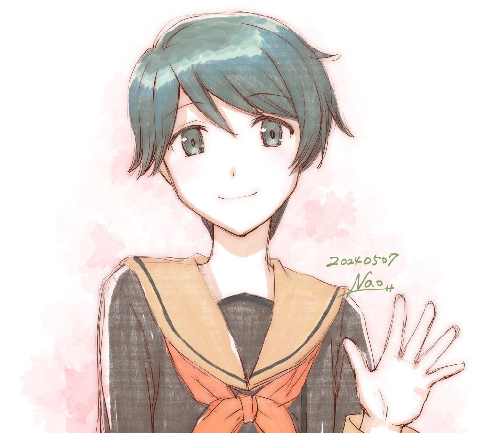 1girl artist_name dated green_hair grey_eyes kantai_collection looking_at_viewer mogami_(kancolle) mogami_kai_ni_(kancolle) nao_(nao_eg) neckerchief orange_neckerchief orange_sailor_collar sailor_collar short_hair solo waving
