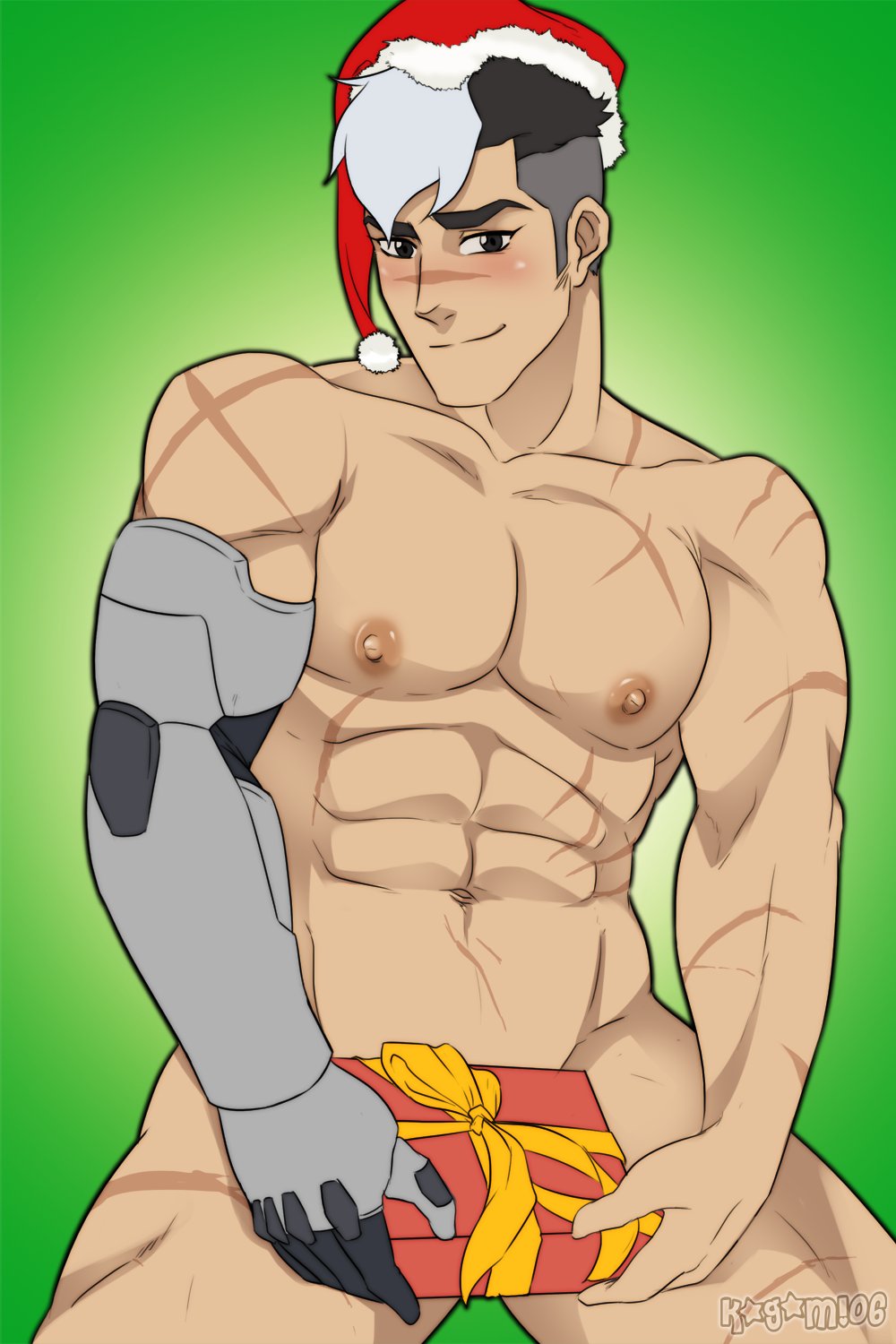 1boy abs black_hair blush box christmas closed_mouth convenient_censoring covering_privates covering_crotch cross_scar gift gift_box green_background hat highres holding holding_gift hyakujuu-ou_golion kagami06art large_pectorals male_focus mechanical_arms multicolored_hair muscular muscular_male navel nipples nude pectorals santa_hat scar scar_on_arm scar_on_chest scar_on_face scar_on_leg short_hair single_mechanical_arm smile solo takashi_shirogane thick_thighs thighs two-tone_hair undercut voltron:_legendary_defender voltron_(series) white_hair