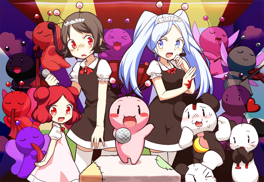 3boys 4girls antennae black_dress blood blood_on_hands blue_eyes blue_hair blush bug conchelle_monyanism crossdressing dress fake_antennae heart instrument kachil_(towelket) maid_headdress messier_number microphone moon multiple_boys multiple_girls music nekoashi_konbu nekojita_nekozukin paripariume_umeko pink_dress playing_instrument pon_groom red_eyes red_hair red_ribbon ribbon towelket_wo_mou_ichido towelket_wo_mou_ichido_3 twintails