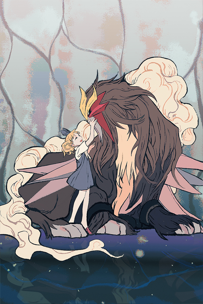 1girl 1other blue_dress bow brown_hair closed_eyes dress entei full_body gen_2_pokemon hair_bow happy kaifei_(kaifei_29) legendary_pokemon looking_at_another molly_hale nintendo pokemon pokemon_(anime) pokemon_(classic_anime) pokemon_3:_the_movie_-_spell_of_the_unown:_entei reaching reaching_towards_another red_eyes sitting standing