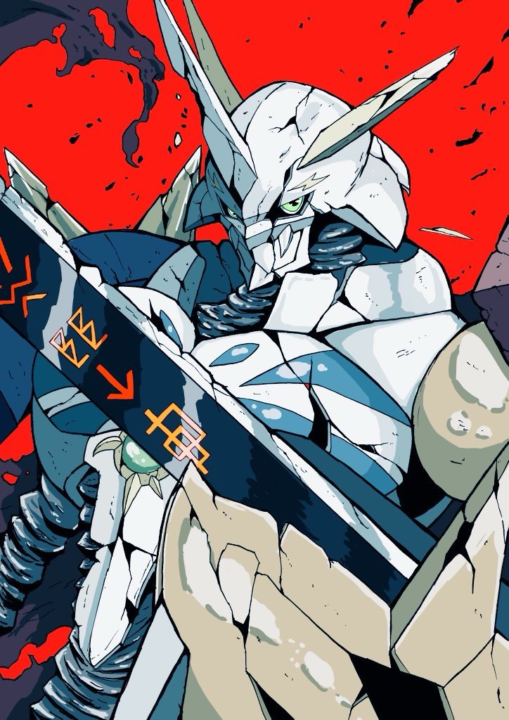 arm_blade battle_damage digimoji digimon digimon_(creature) green_eyes looking_at_viewer omegamon red_background robot sawa_d simple_background solo sword upper_body weapon