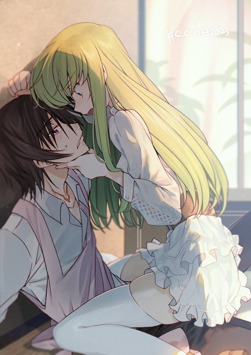 1boy 1girl apron backlighting black_hair c.c. code_geass couple creayus face-to-face frilled_skirt frills from_side girl_on_top green_hair hand_on_another&#039;s_chin hetero lelouch_vi_britannia long_hair looking_at_another looking_down looking_up miniskirt open_mouth parted_lips pink_apron red_eyes shirt short_hair sitting skindentation skirt straddling thighhighs thighs white_shirt white_skirt white_thighhighs window yellow_eyes