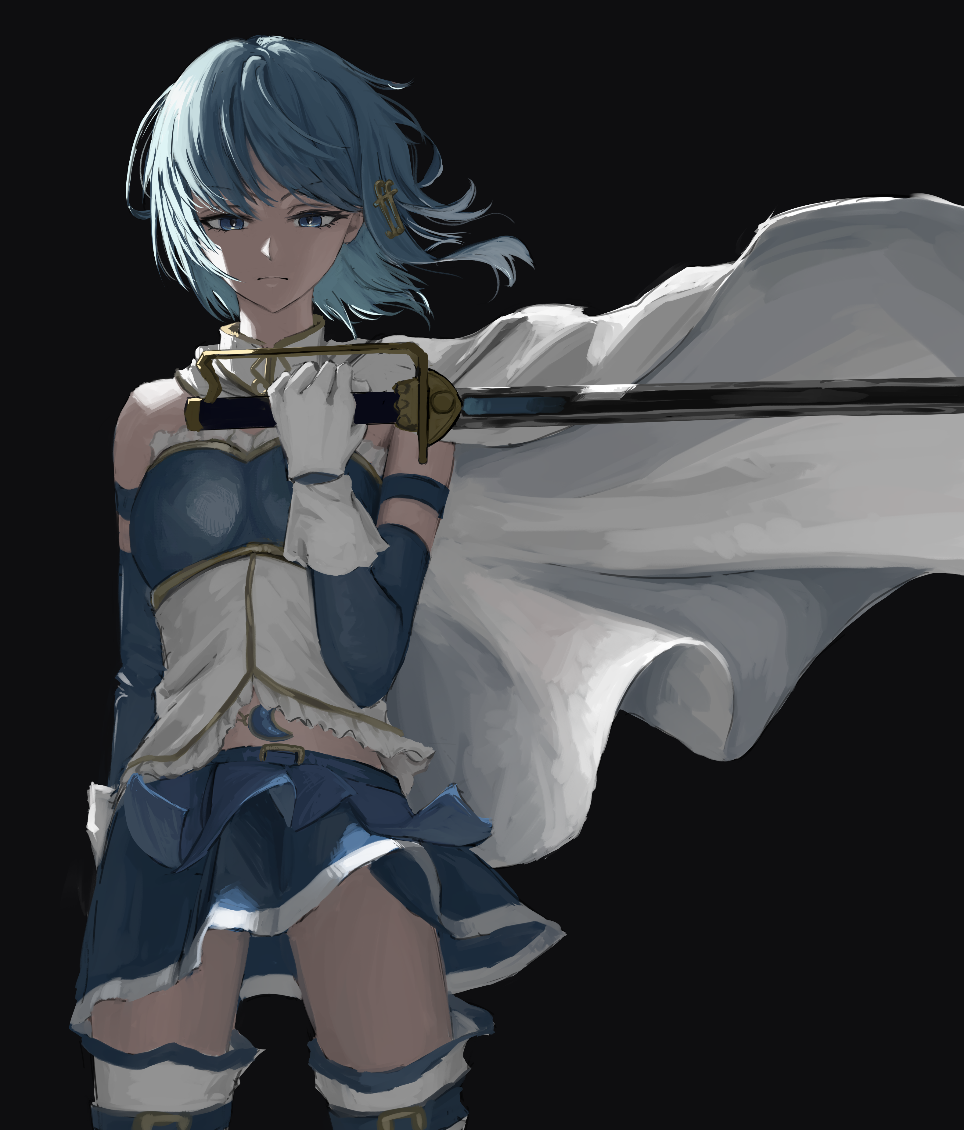 1girl absurdres belt black_background blue_eyes blue_hair blue_skirt cape commentary detached_sleeves fortissimo gloves hair_ornament highres holding holding_sword holding_weapon magical_girl mahou_shoujo_madoka_magica mahou_shoujo_madoka_magica_(anime) miki_sayaka miki_sayaka_(magical_girl) miniskirt musical_note musical_note_hair_ornament ryo_(r9030397) short_hair simple_background skirt solo soul_gem sword thigh_belt thigh_strap thighhighs weapon white_cape white_gloves