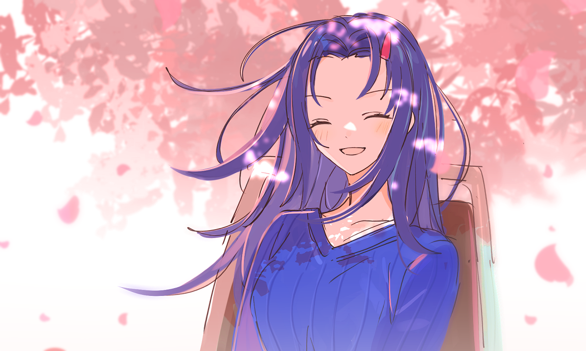 1girl bloom blue_sweater breasts cherry_blossoms chinese_commentary closed_eyes commentary_request facing_viewer falling_petals floating_hair hair_ornament hairclip large_breasts long_hair niimura_haruka open_mouth petals purple_hair ribbed_sweater sakuraihum shigatsu_youka simple_background smile solo sweater tree upper_body wheelchair white_background