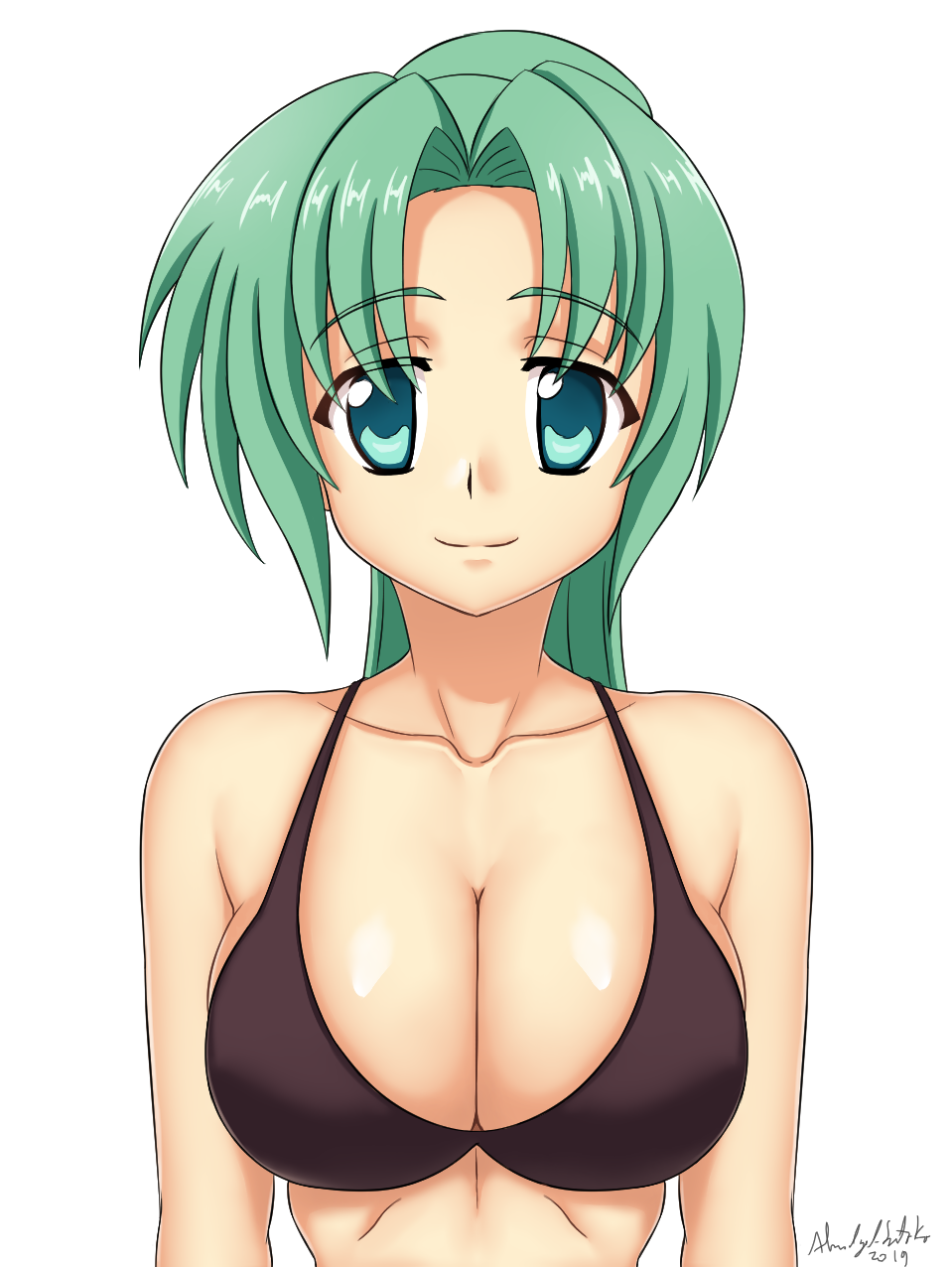 1girl abridged-satoko bikini bikini_top_only breasts cleavage green_eyes green_hair highres higurashi_no_naku_koro_ni large_breasts looking_at_viewer ponytail smile sonozaki_mion swimsuit