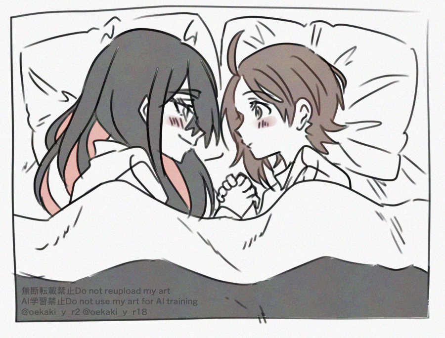 2girls ahoge bed black_hair blush brown_eyes brown_hair carmine_(pokemon) closed_mouth hair_between_eyes holding_hands hyaku_ae_mon juliana_(pokemon) long_hair looking_at_another multicolored_hair multiple_girls nintendo pillow pokemon pokemon_sv red_hair short_hair smile twitter_username two-tone_hair under_covers upper_body yuri