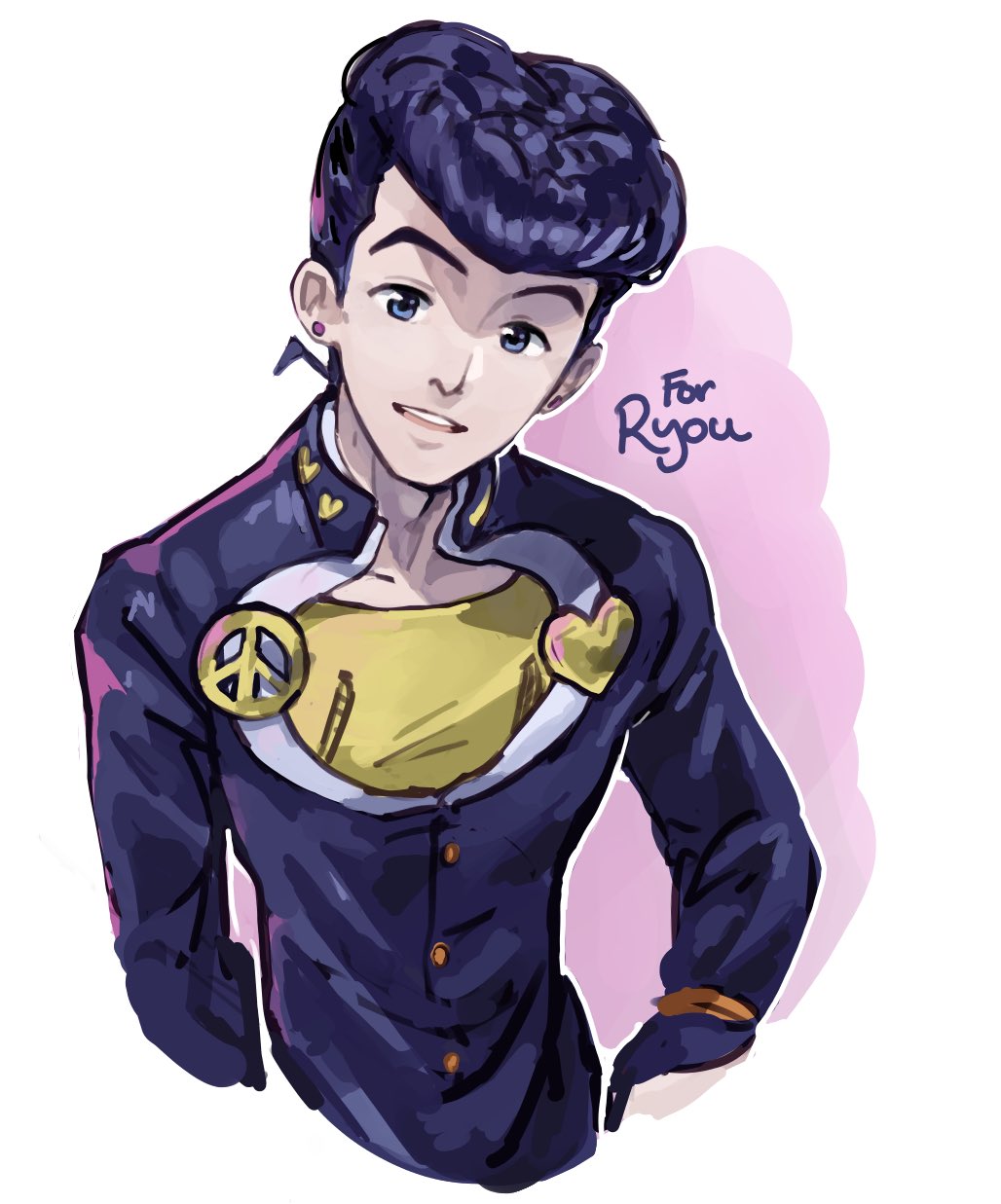 1boy black_hair black_jacket blue_eyes commentary_request cropped_torso diamond_wa_kudakenai earrings gakuran heart higashikata_josuke highres jacket jewelry jojo_no_kimyou_na_bouken kingjoshua long_sleeves looking_at_viewer male_focus parted_lips peace_symbol pompadour school_uniform shirt smile solo teeth yellow_shirt