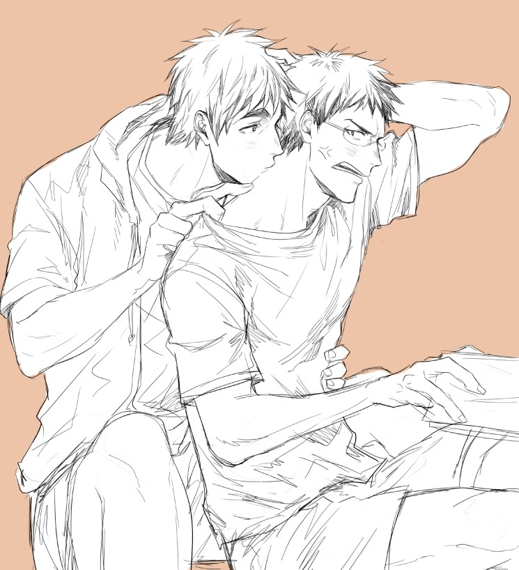 2boys anger_vein arm_up book commentary crew_neck eye_contact feet_out_of_frame greyscale_with_colored_background holding holding_book hood hooded_jacket hyuuga_junpei jacket kiss kissing_neck kiyoshi_teppei kuroko_no_basuke liletoule looking_at_another male_focus multiple_boys open_clothes open_jacket open_mouth shirt short_hair short_sleeves shorts sketch t-shirt teeth thick_eyebrows third-party_source yaoi