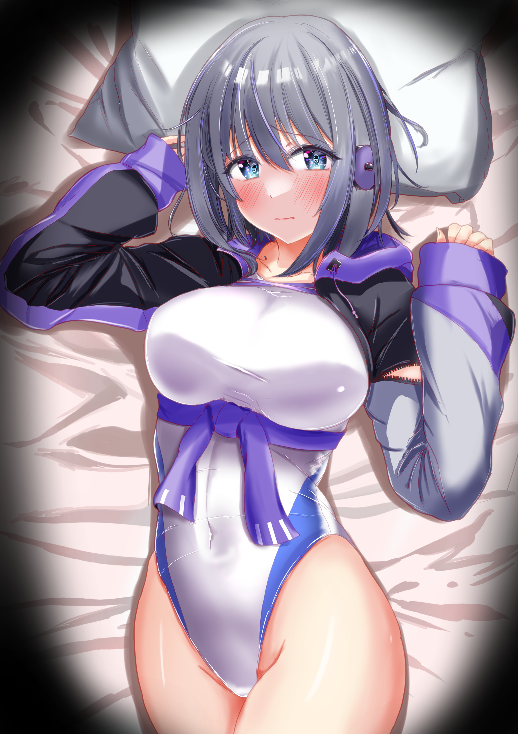 absurdres blue_eyes charomi commission competition_swimsuit cowboy_shot cropped_jacket grey_hair highleg highleg_one-piece_swimsuit highres jacket looking_at_viewer lying multicolored_jacket on_back one-piece_swimsuit pillow short_hair skeb_commission station_memories sunadabashi_akira swimsuit white_one-piece_swimsuit
