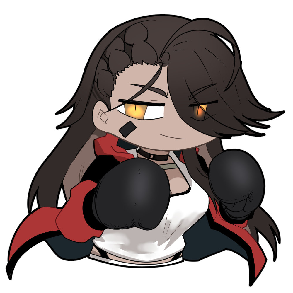 1girl artist_request black_jacket boxing_gloves brown_hair chibi chibi_only chinese_commentary dark-skinned_female dark_skin eyes_visible_through_hair fighting_stance girls&#039;_frontline girls&#039;_frontline_neural_cloud jacket long_hair looking_at_viewer magnhilda_(neural_cloud) official_art punching second-party_source shirt smile solo white_shirt yellow_eyes