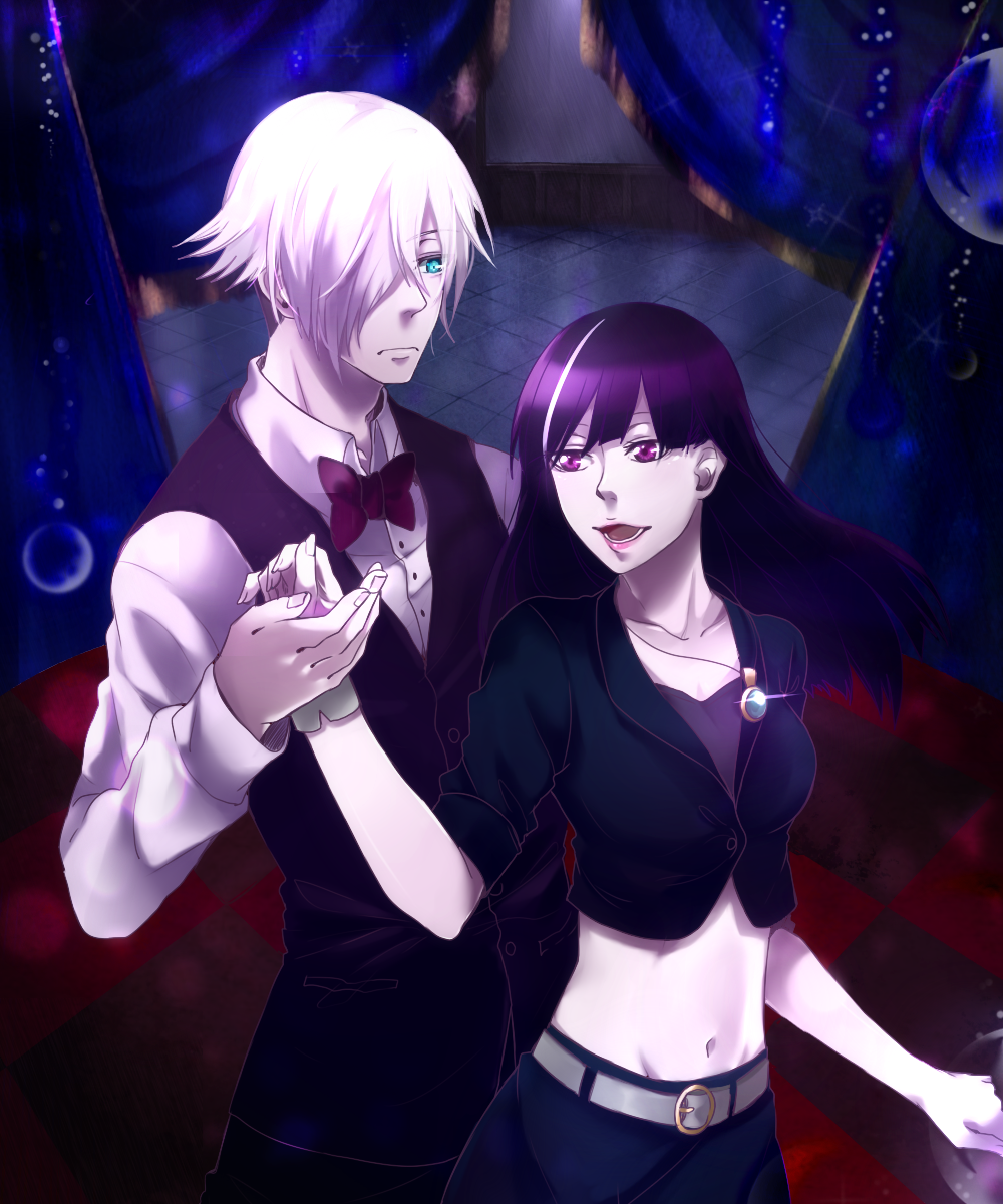 10s 1boy 1girl bad_id bad_pixiv_id belt black_hair blue_eyes blunt_bangs bow bowtie checkered_floor chiyuki_(death_parade) death_parade decim_(death_parade) hair_over_one_eye highres indoors jewelry kurokami_no_onna lipstick long_hair makeup midriff multicolored_hair navel open_mouth pendant purple_eyes relation_(artist) skirt smile two-tone_hair vest white_hair