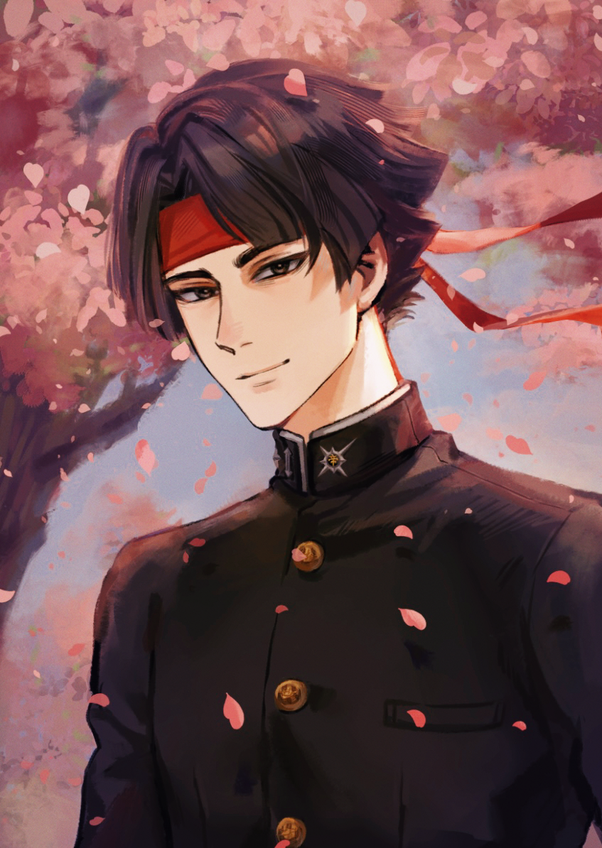 1boy ace_attorney black_hair black_jacket blue_sky brown_eyes buttons cherry_blossoms cherry_tree closed_mouth commentary curtained_hair gakuran headband jacket kaze_(yznyttdgs) kazuma_asogi long_sleeves male_focus outdoors parted_bangs pink_petals red_headband school_uniform short_hair sky smile solo symbol-only_commentary the_great_ace_attorney