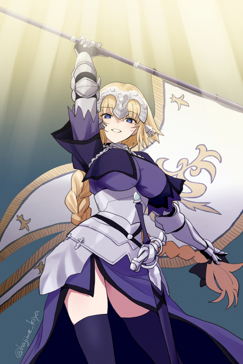 1girl armor armored_dress blonde_hair blue_eyes braid braided_ponytail breasts chain collar dress fate/apocrypha fate_(series) faulds flag gauntlets grin headpiece highres jeanne_d&#039;arc_(fate) jeanne_d&#039;arc_(ruler)_(fate) kiya_hajime large_breasts long_hair looking_at_viewer luminosite_eternelle metal_collar plackart polearm purple_dress purple_thighhighs smile solo sword sword_of_st._catherine_(fate) thighhighs thighs very_long_hair weapon