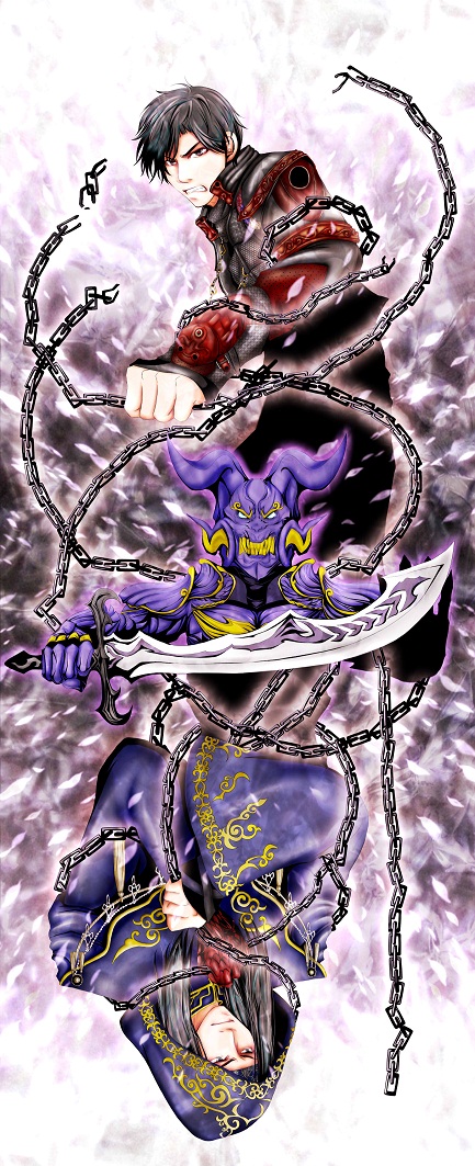 armor black_hair brothers chain clenched_teeth cloak fudo_sigma fudou_leo garo_(series) garo_makai_senki glaring holding holding_chain holding_weapon horns impossible_clothes looking_at_viewer polar_opposites print_cloak rodo_(garo) satoi_(baudy) serious siblings symmetry teeth upside-down weapon wide_sleeves