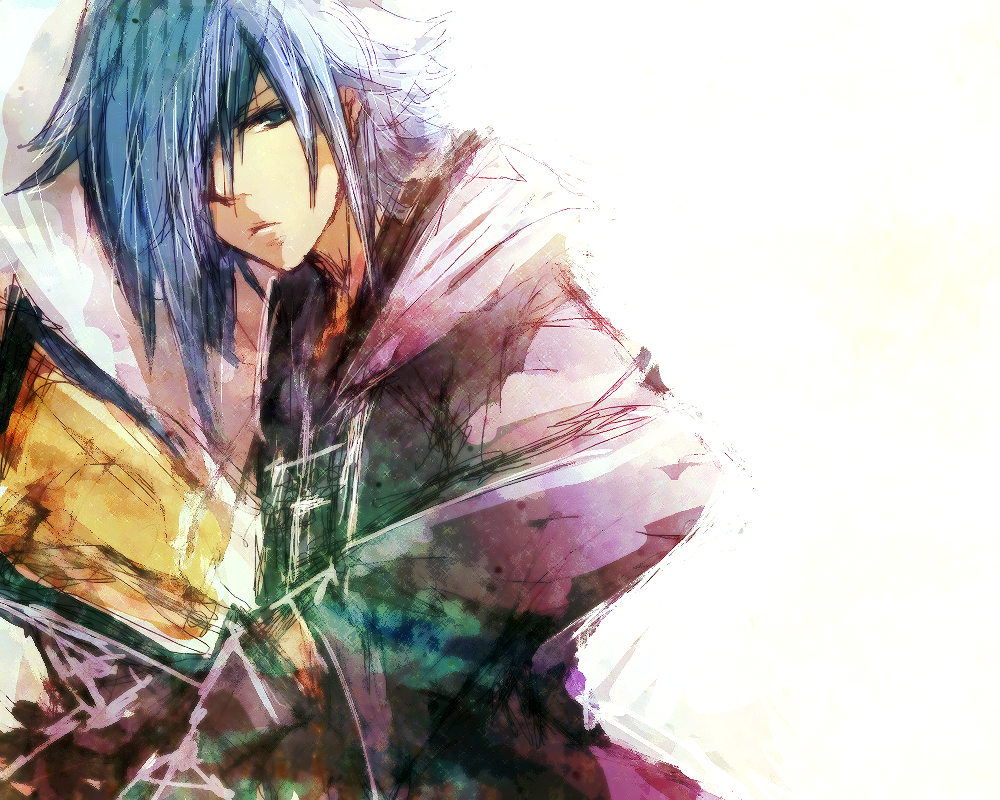 1boy asymmetrical_bangs black_coat_(kingdom_hearts) black_gloves blue_eyes blue_hair book commentary gloves hair_over_one_eye hands_up holding holding_book hood hood_down kingdom_hearts kingdom_hearts_ii leech0 long_hair looking_to_the_side male_focus open_book organization_xiii serious sketch solo upper_body zexion